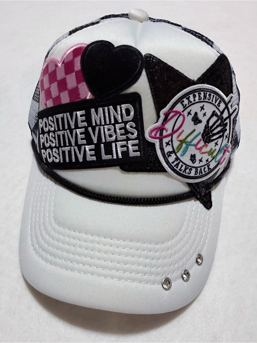 Women’s Graphic Trucker SnapBack Hat White with Patches